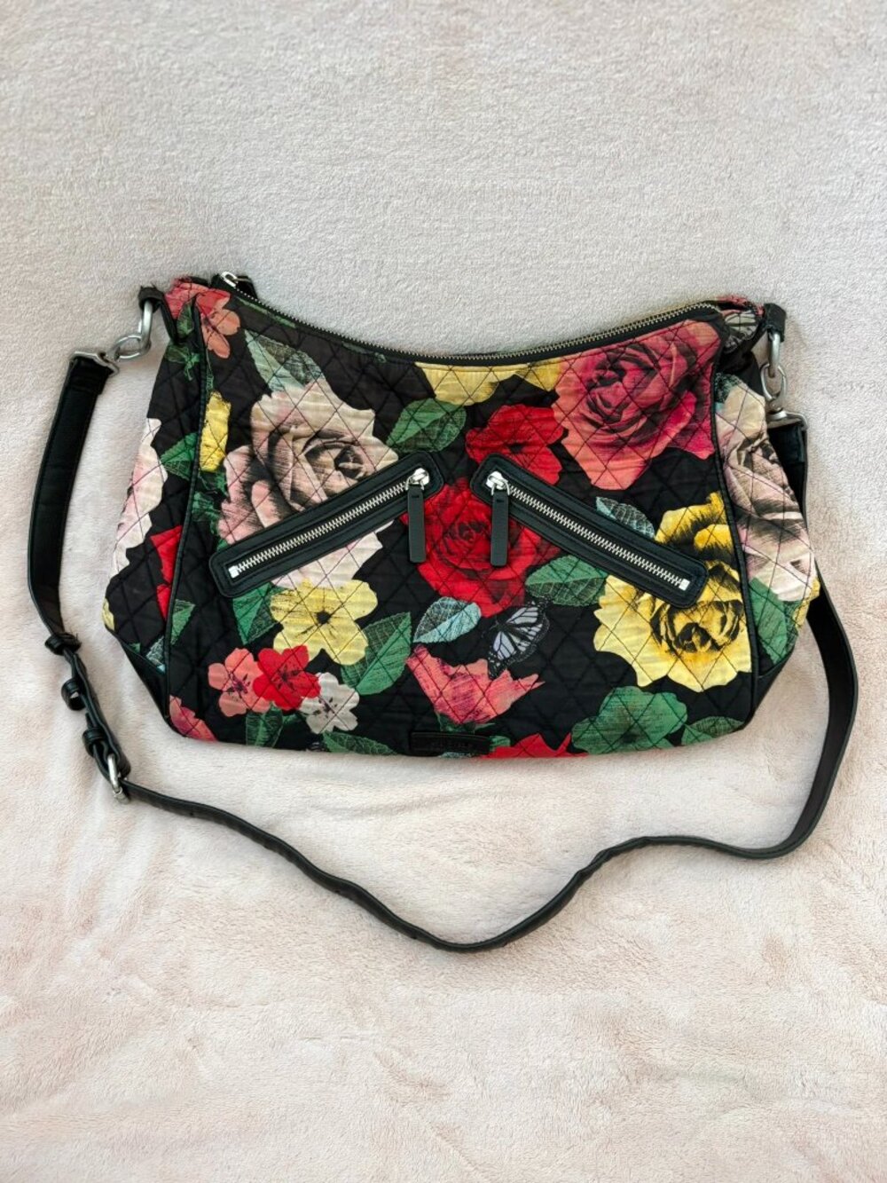 Vera Bradley Havana Rose Vivian Distressed Floral Zip Pockets Crossbody Bag